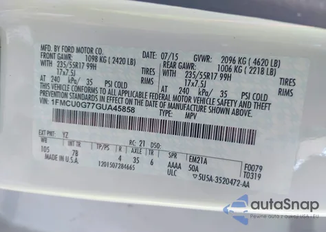 2016 Ford Escape Se из США, поврежденный, VIN 1FMCU0G77GUA45858